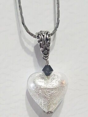 Silver Foil Glass Heart Pendant Necklace Black Bead